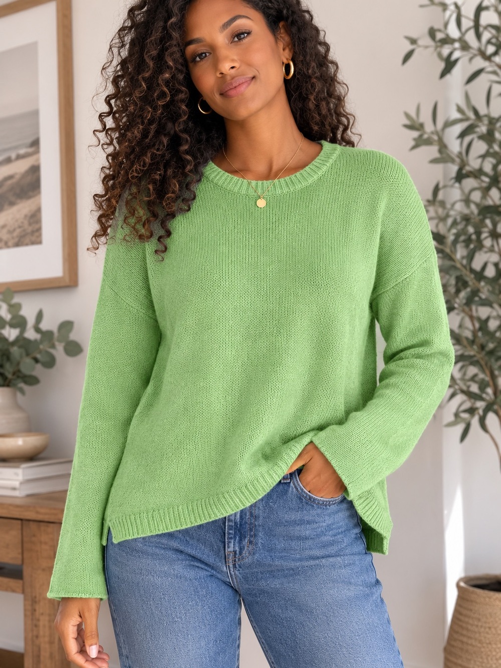 Forever 21 Knit Sweater Women Large Lime Green Excellent Puff Sleeve Pullover